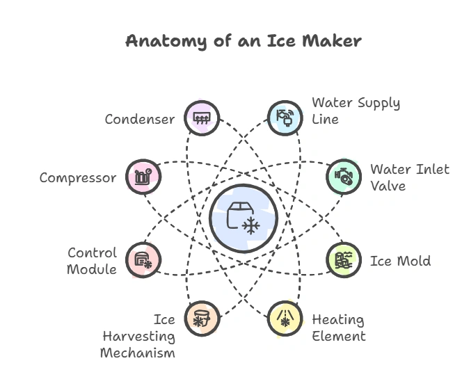 This visual shows the anatomy of an icemaker and describe each parts