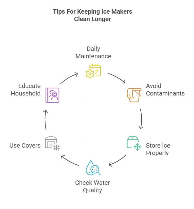Infographic displaying useful tips for keeping ice makers clean longer, including regular cleaning, using filtered water, checking for leaks, and maintaining the water filter.