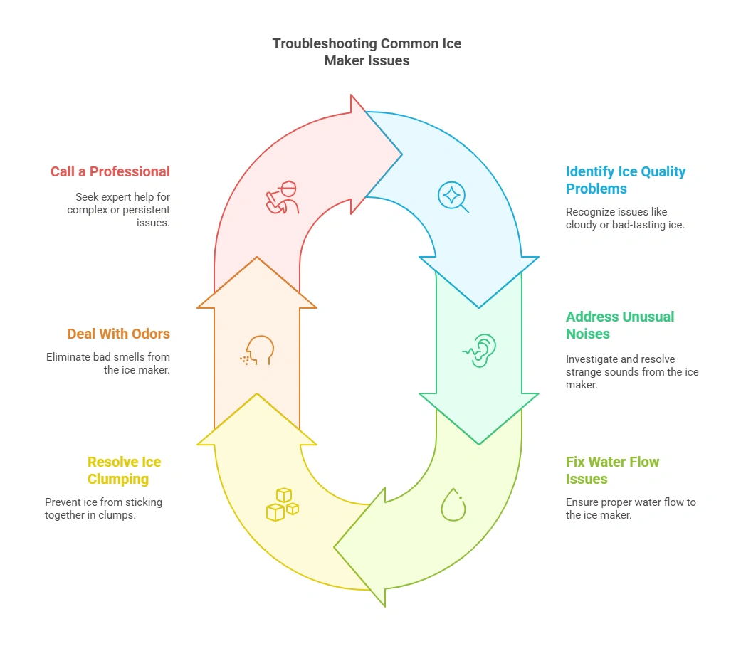 this visual explains steps for Troubleshooting Common Ice Maker Issues