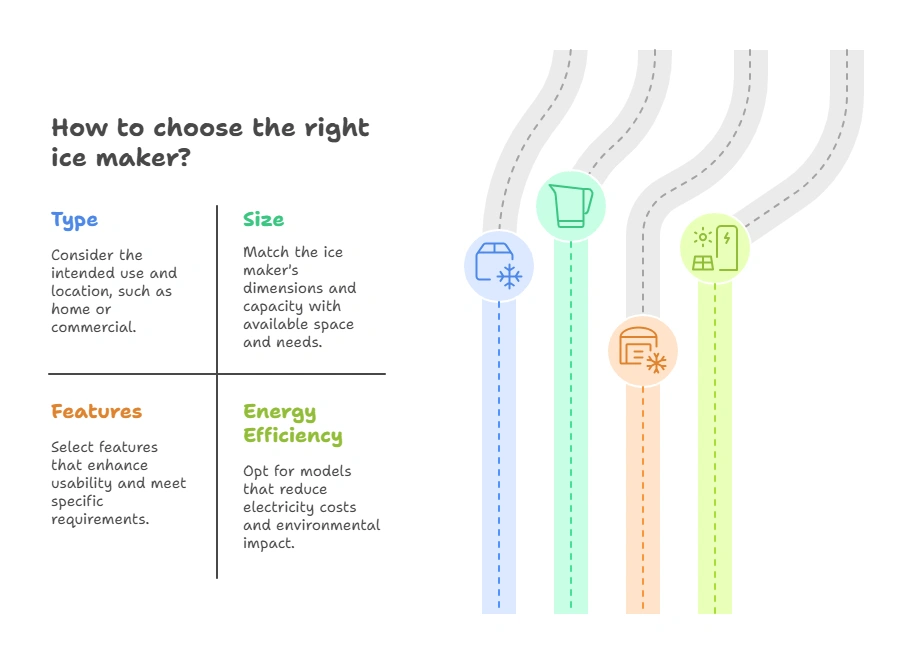 "This infographic highlights key factors to consider when buying a new ice maker, including capacity, ice type, size, energy efficiency, and maintenance requirements