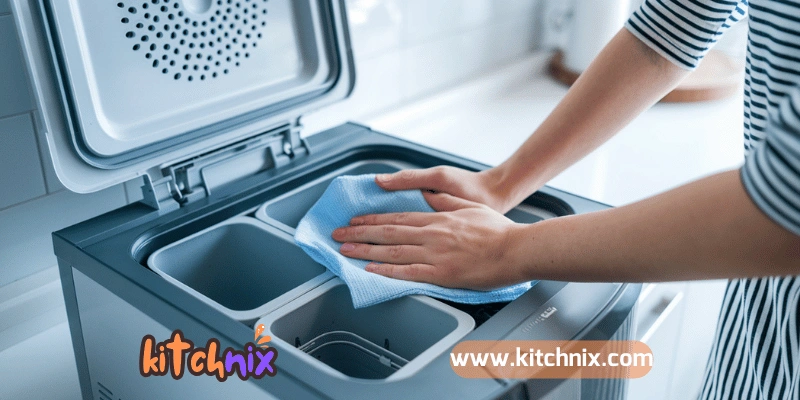 A person wiping the interior surfaces of an ice maker with a clean cloth, ensuring proper hygiene and maintenance.